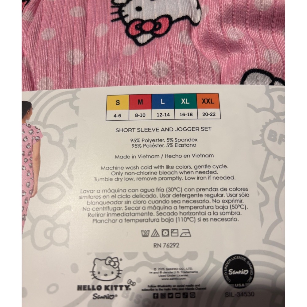 NWT Hello Kitty Pajama Set Women XS Pink Short Sleeve Jogger Ribbed Sanrio NEW - Picture 4 of 4